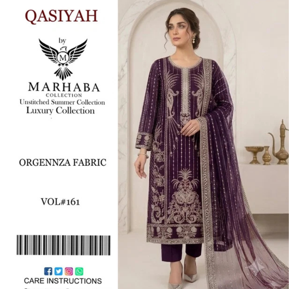 Qasiyah by Marhaba  Luxury Embroidered Organza Unstitched Suit – Deep Plum