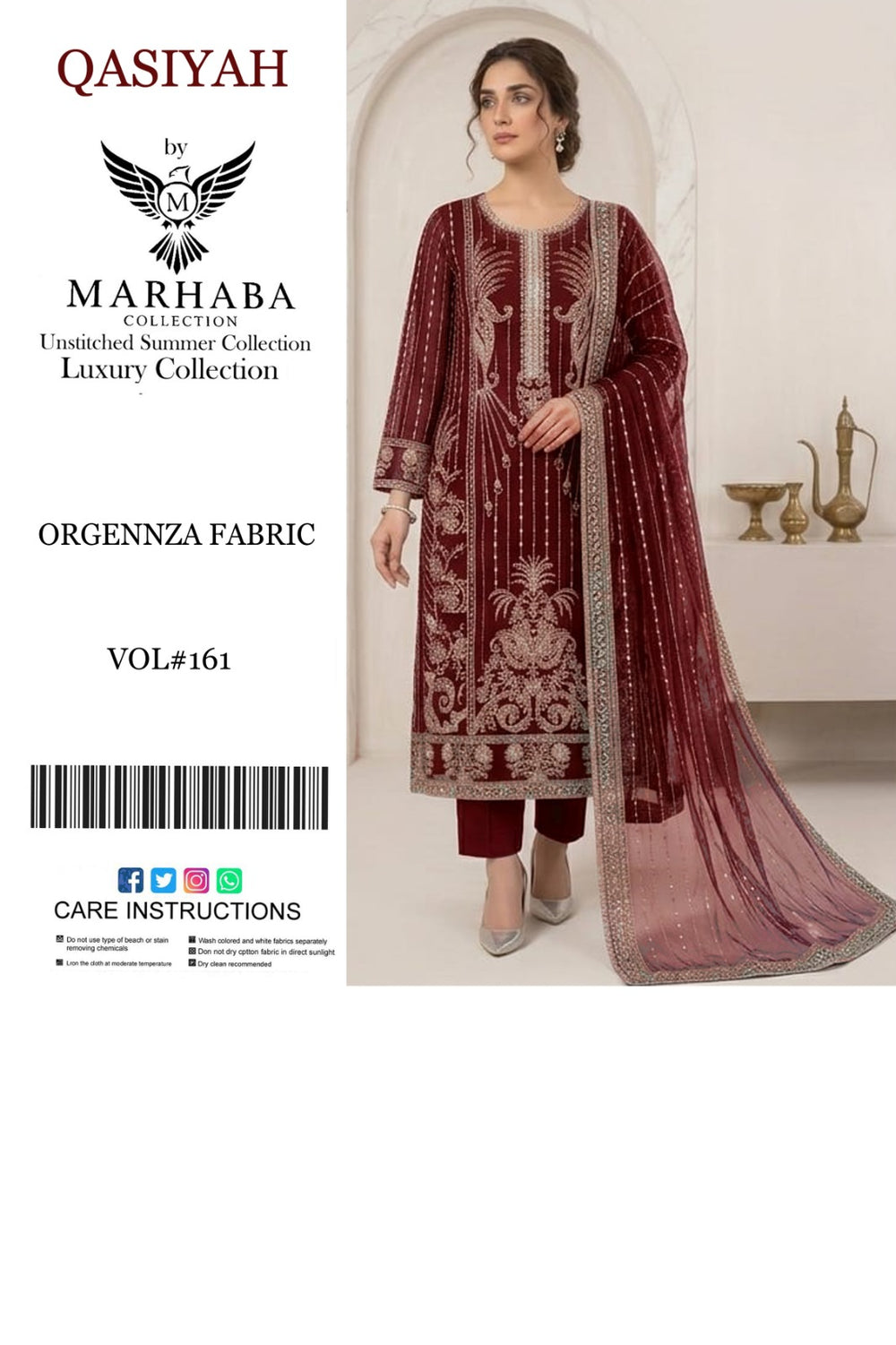 Qasiyah by Marhaba  Luxury Embroidered Organza Unstitched Suit – Deep Plum