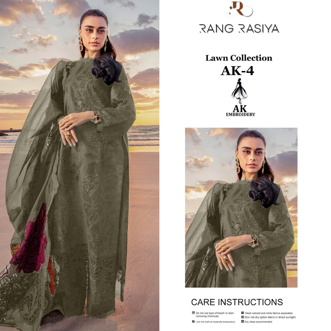 Rang Rasiya AK-4 Olive Green Embroidered Lawn Ensemble