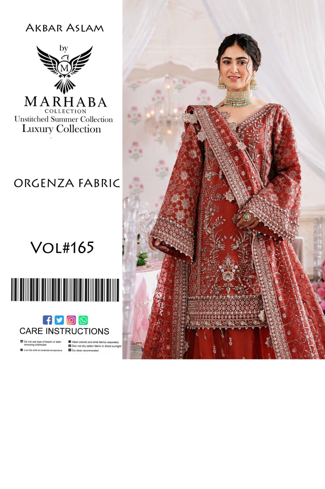 Akbar Aslam by Marhaba  Luxury Embroidered Organza Unstitched Suit – Rust Red